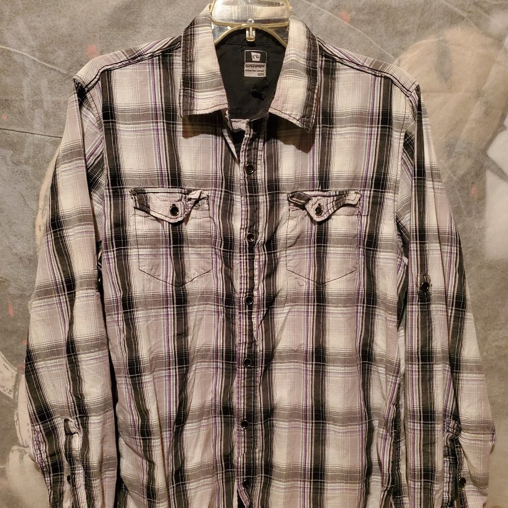 Mens Ocean Current White / Black Plaid Medium Long Sleeve Button Up Dress Shirt